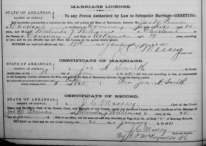 Marriage License of James M. Prince and Malinda J. Williams